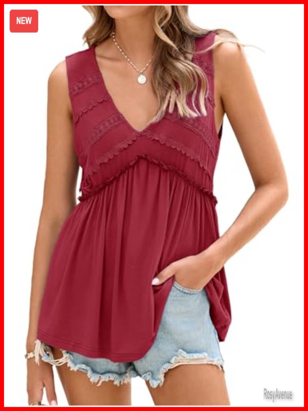 Women's Sleeveless V-Neck Babydoll Tank Top Lace Peplum Summer Tunic
